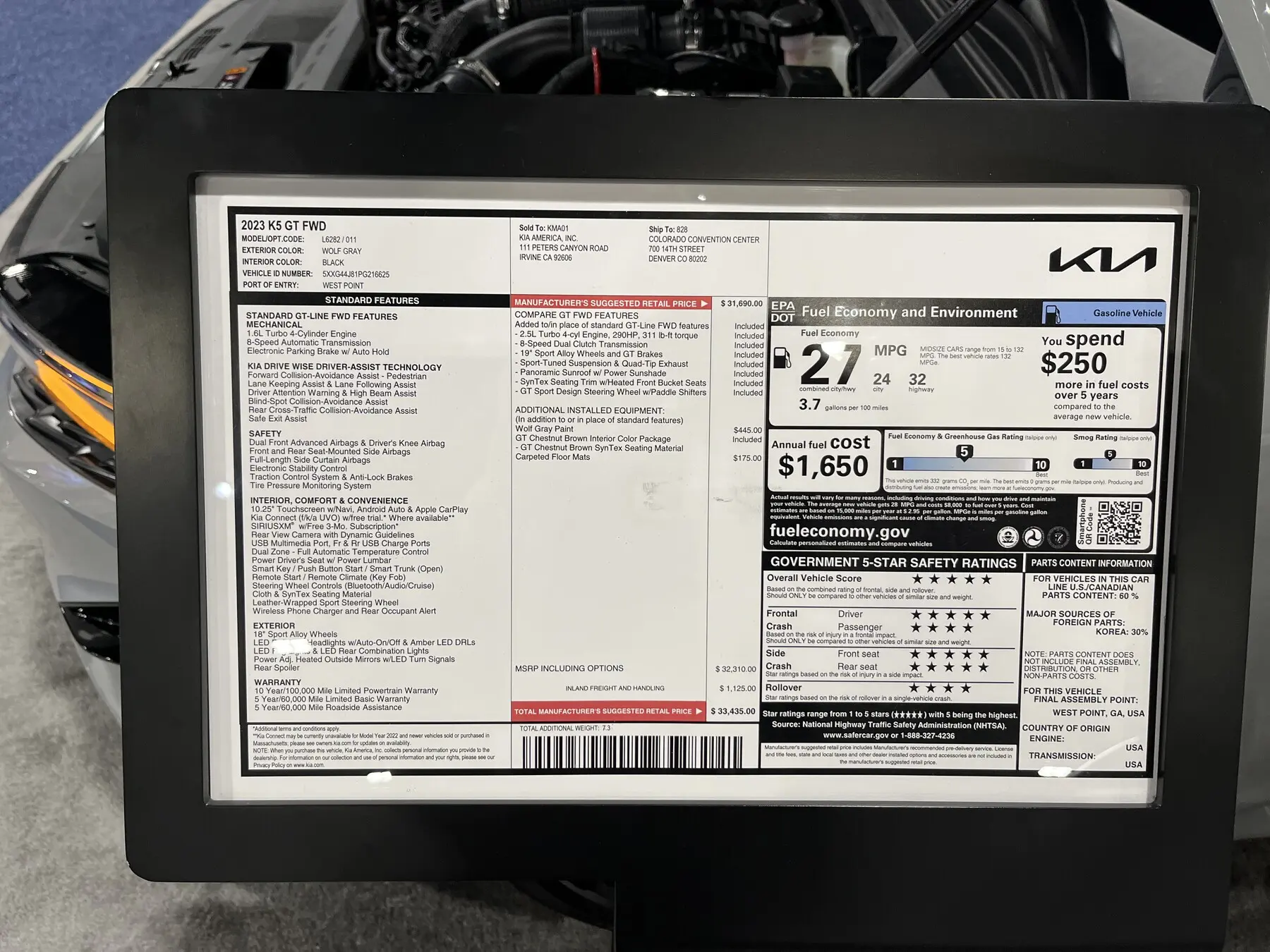 2023 Kia K5 GT window sticker showing MSRP, options, destination, and EPA panel