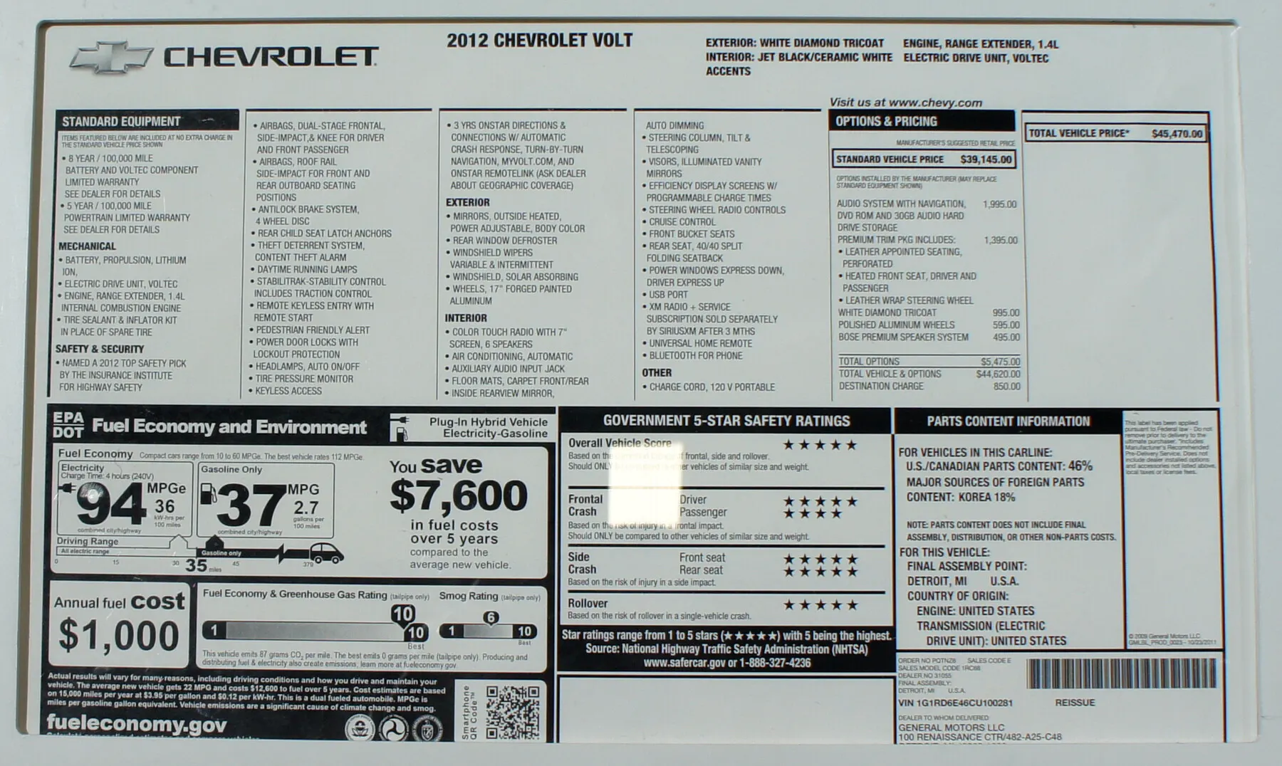 2012 Chevrolet Volt window sticker with options, price, and EPA fuel-economy panel