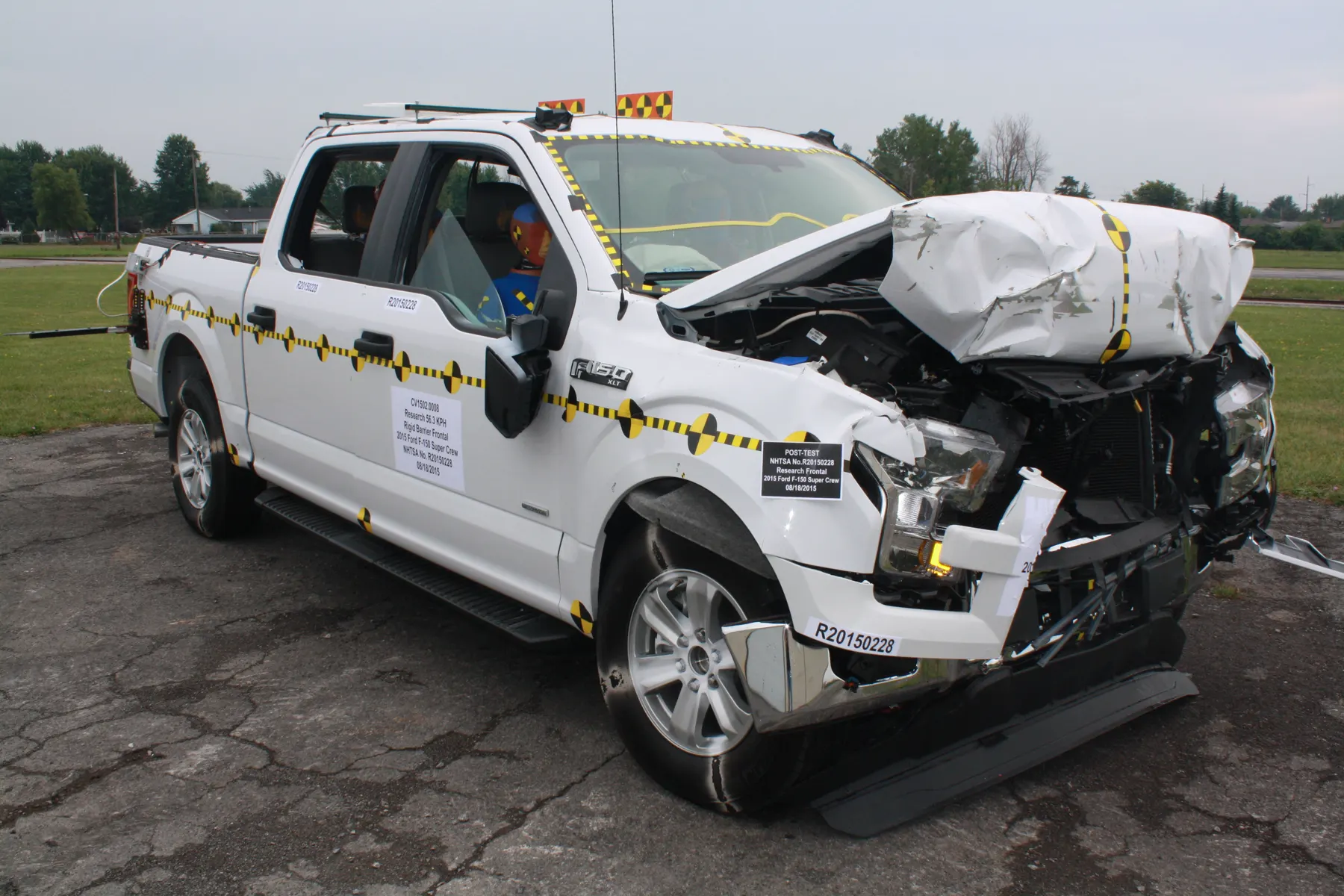 Pickup truck in a government crash-test hall
