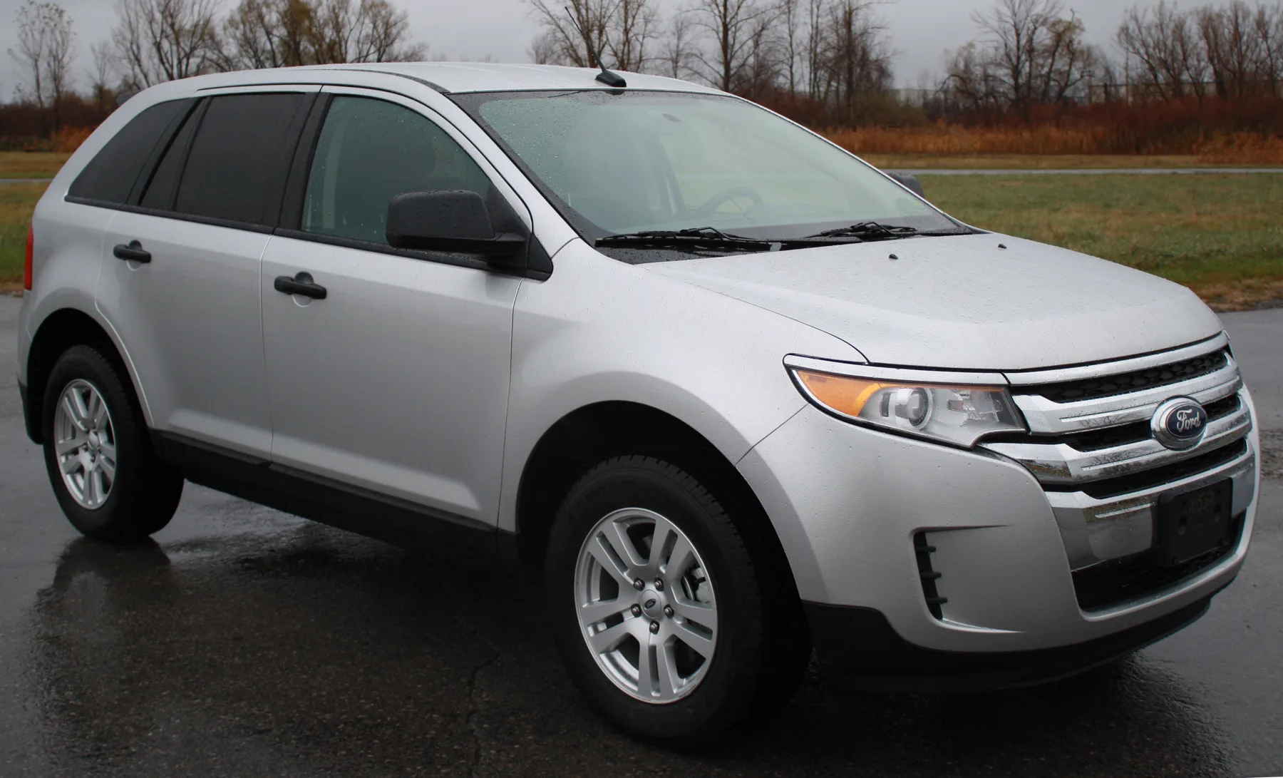 Silver Ford Edge in an official NHTSA test photograph