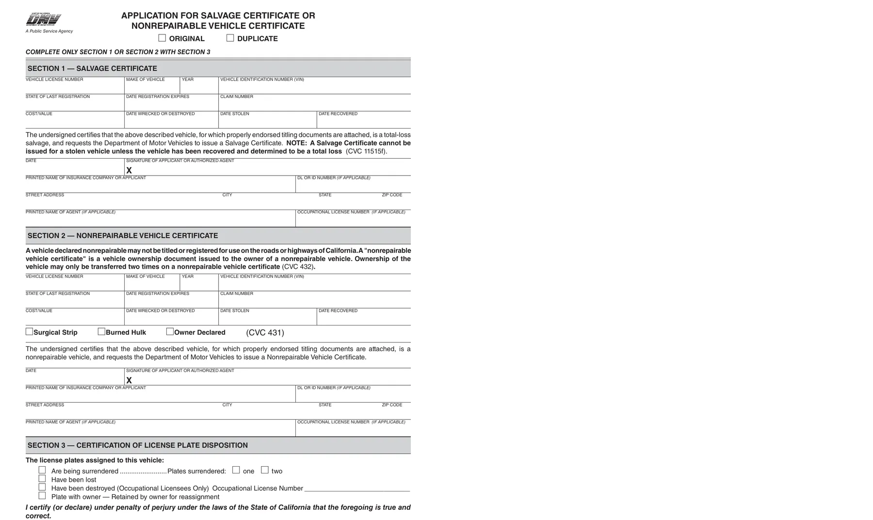 California DMV application for a salvage certificate or a nonrepairable vehicle certificate