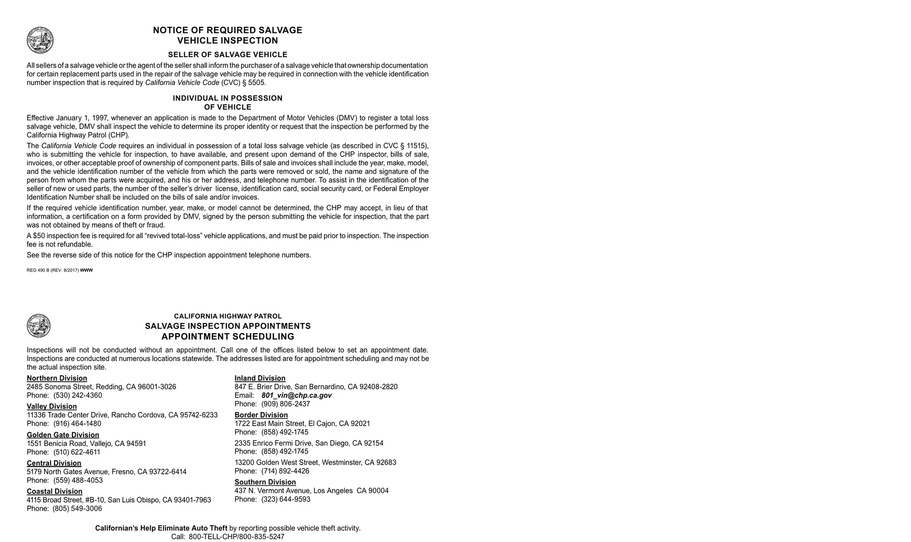 California DMV notice of a required salvage vehicle inspection before a totaled car can be registered again